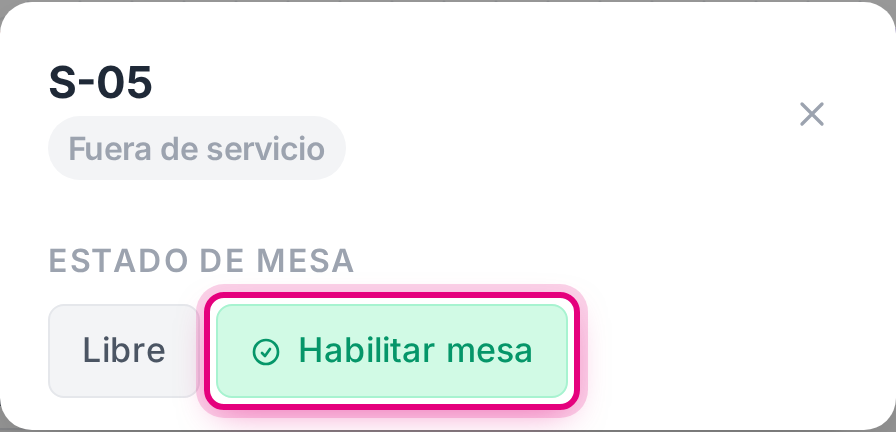 El panel de una mesa con la opción de dejarla fuera de servicio