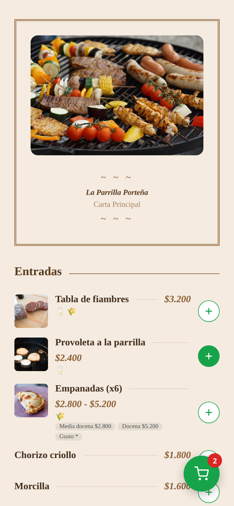 La carta en un celular, con productos agregados y el botón del pedido abajo