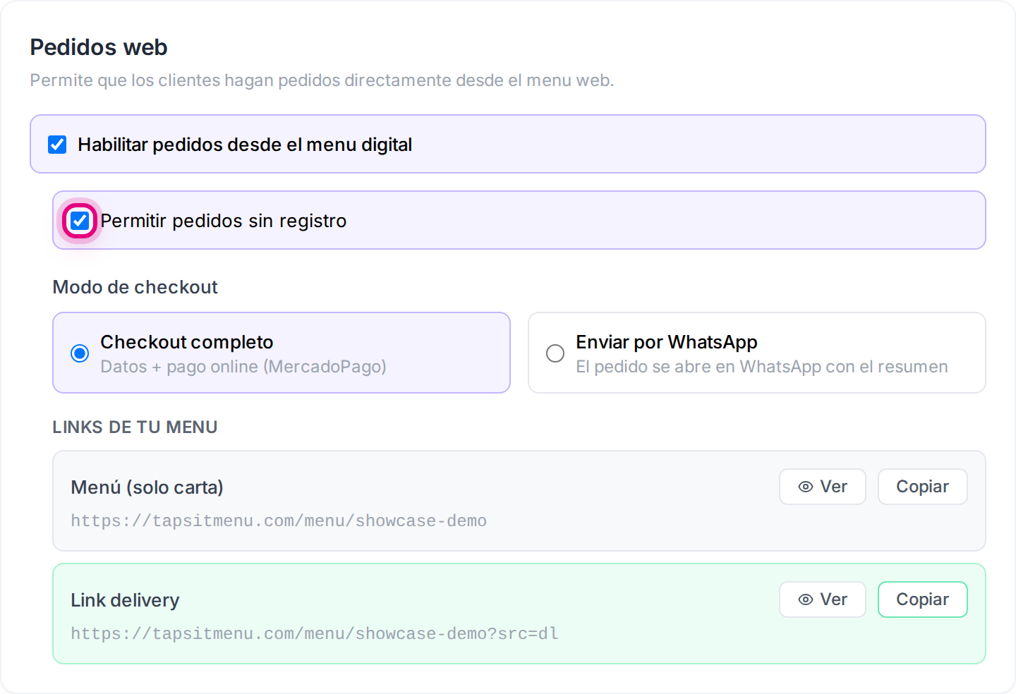 La opción de permitir pedidos sin registro, en el panel de pedidos