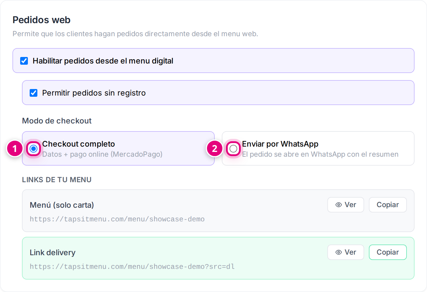 Los dos modos de checkout: completo con pago online, o enviar por WhatsApp