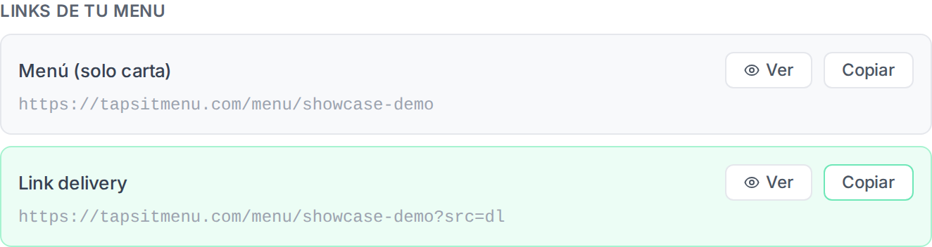 Los dos links de tu carta, con los botones para verlos y copiarlos