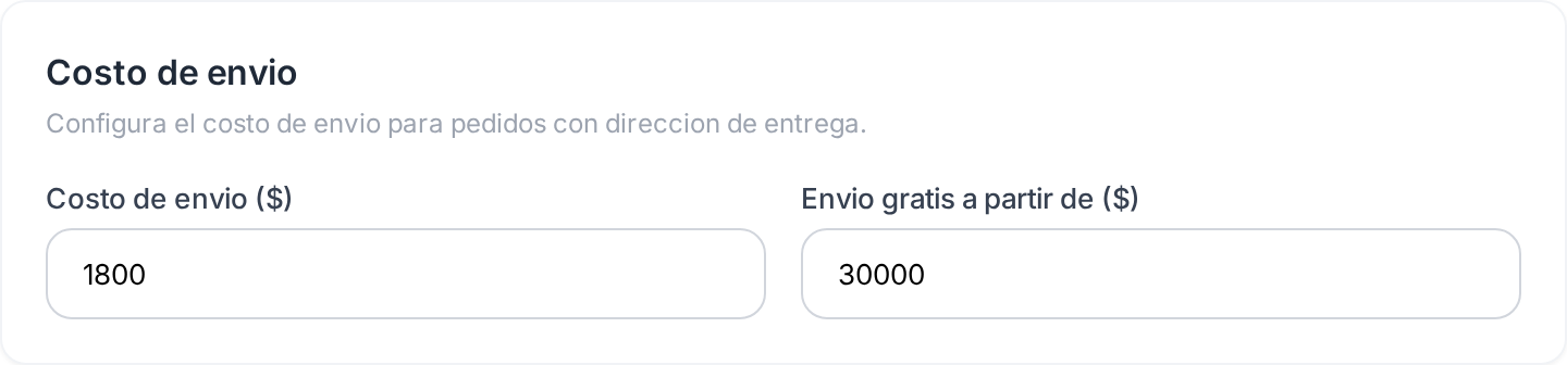 Los campos de costo de envío y de monto para envío gratis