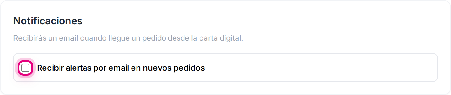 El interruptor de alertas por email y el campo de la dirección