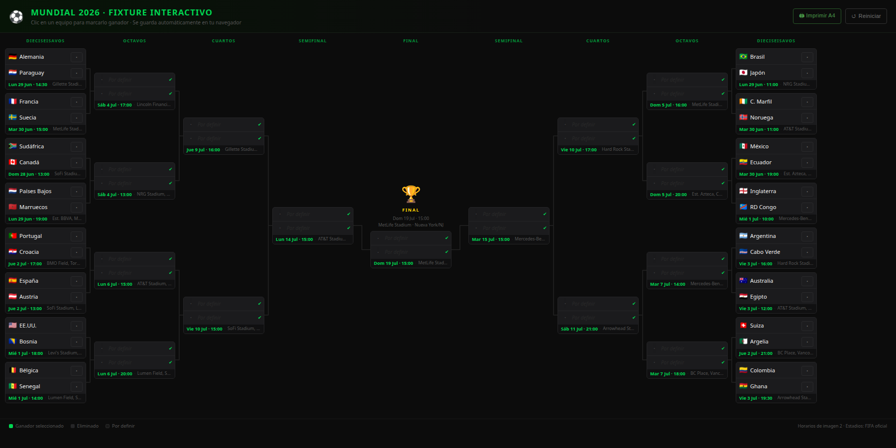 Fixture interactivo del Mundial 2026 con todas las llaves desde dieciseisavos hasta la final