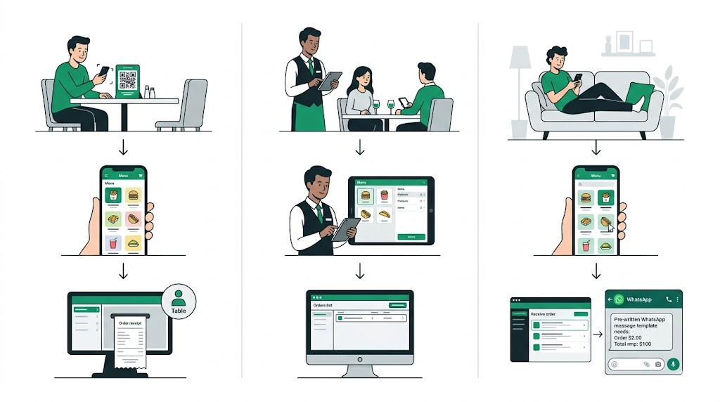 Tres formas de receber pedidos: QR, garcom e WhatsApp