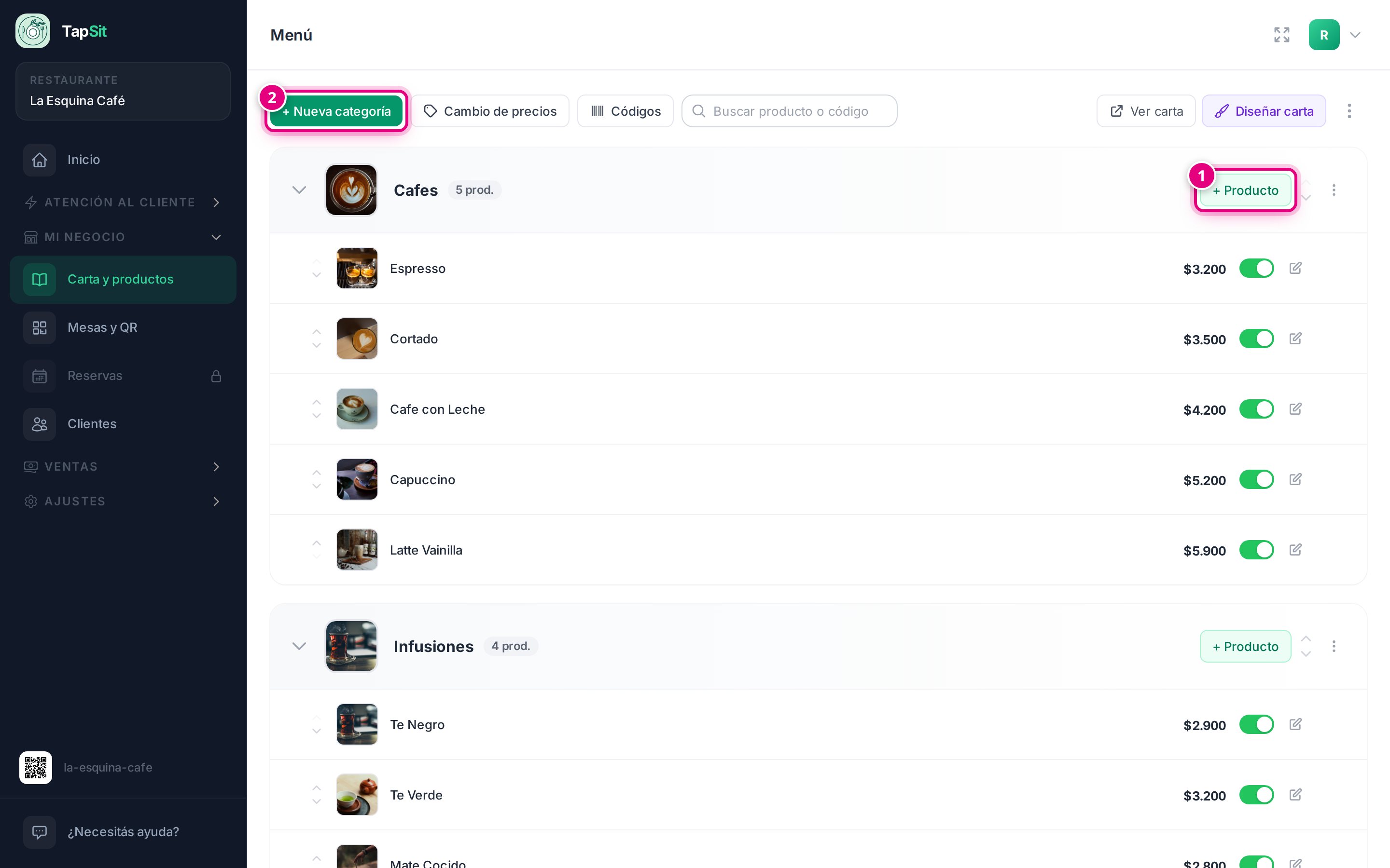 El editor de la carta en el panel, con las categorías y los productos cargados
